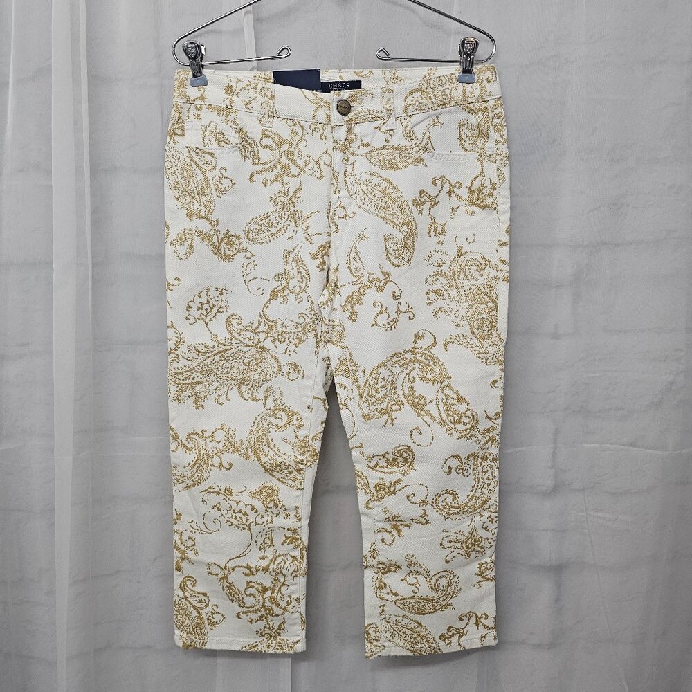 Chaps Jeans Cropped Slimming White Tan Paisley Boho 4 NWT
